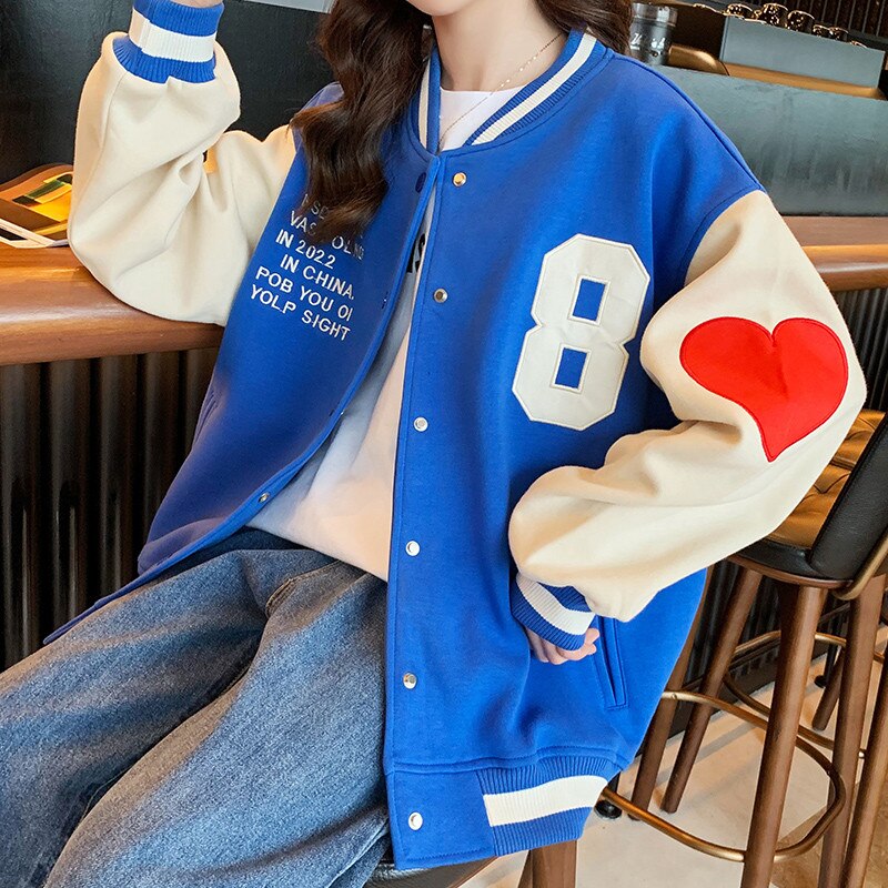 Chaqueta de béisbol con estampado de letras para niñas y adolescentes, chaqueta de béisbol con patrón de corazón, cárdigan grande, prendas de vestir, abrigos, color negro y azul, Primavera