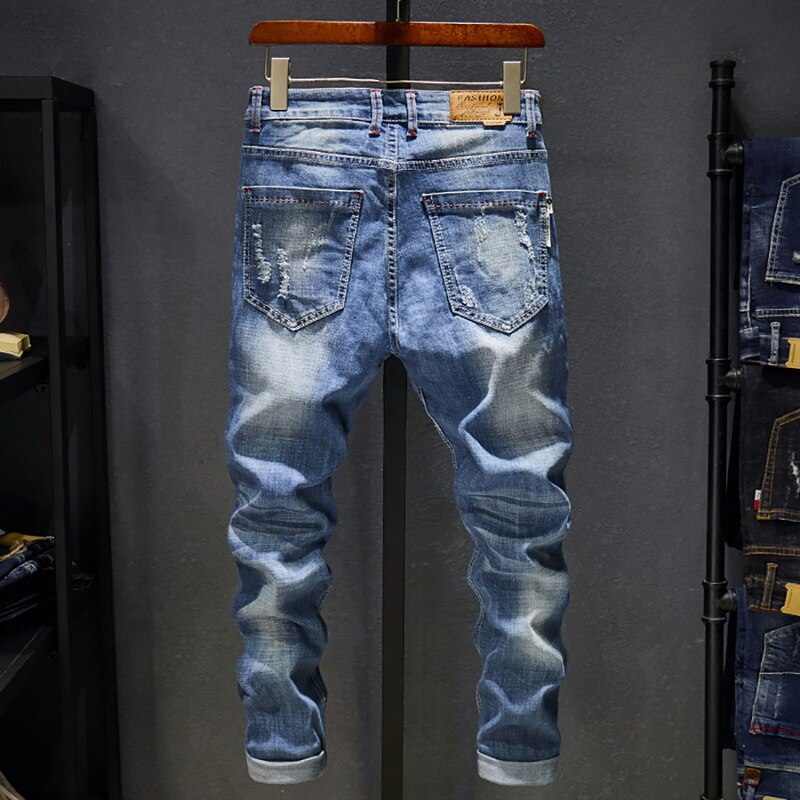 KANCOOL Heren Jeans Gaten Verzwakte Hiphop Ripped Skinny Stretch Slim Been Streetwear Verontruste Moto Biker Jeans Mannelijke Denim Broek