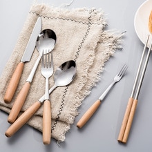 Rustfrit stål bestik træskaft middagsgaffel dessertske kniv kaffe teske frugtgafler køkkenservice tilbehør