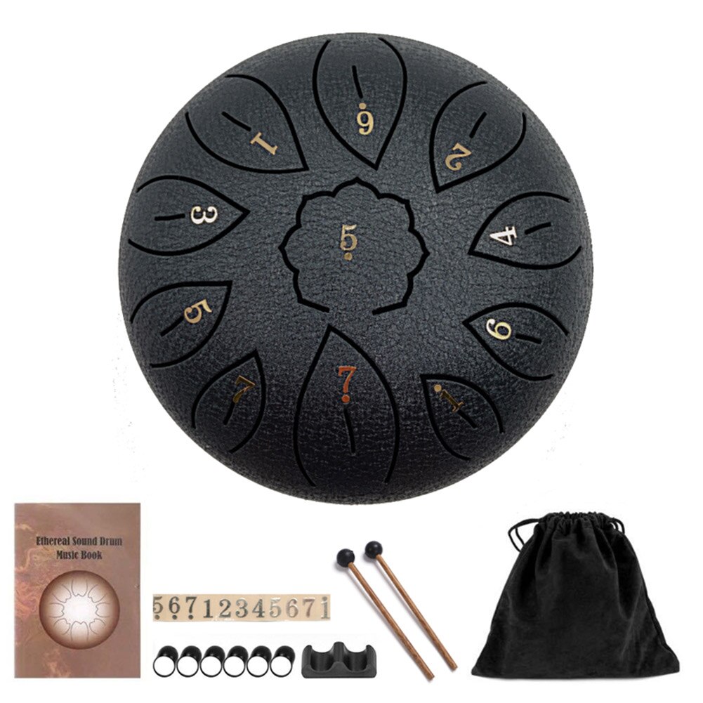 Tambor de lengüeta de acero y titanio de 6/8 pulgadas, tambor de ritmo etéreo, 11 notas, tono F, mano de percusión, tambor Pan Tang,: Black