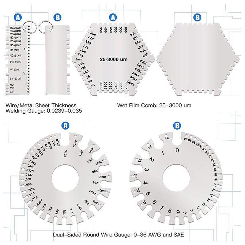 3 Pcs Stainless Steel Welding Gauge Set Wet Film Comb Wire Metal Sheet Thickness Gauge Round Dual-Sided Wire