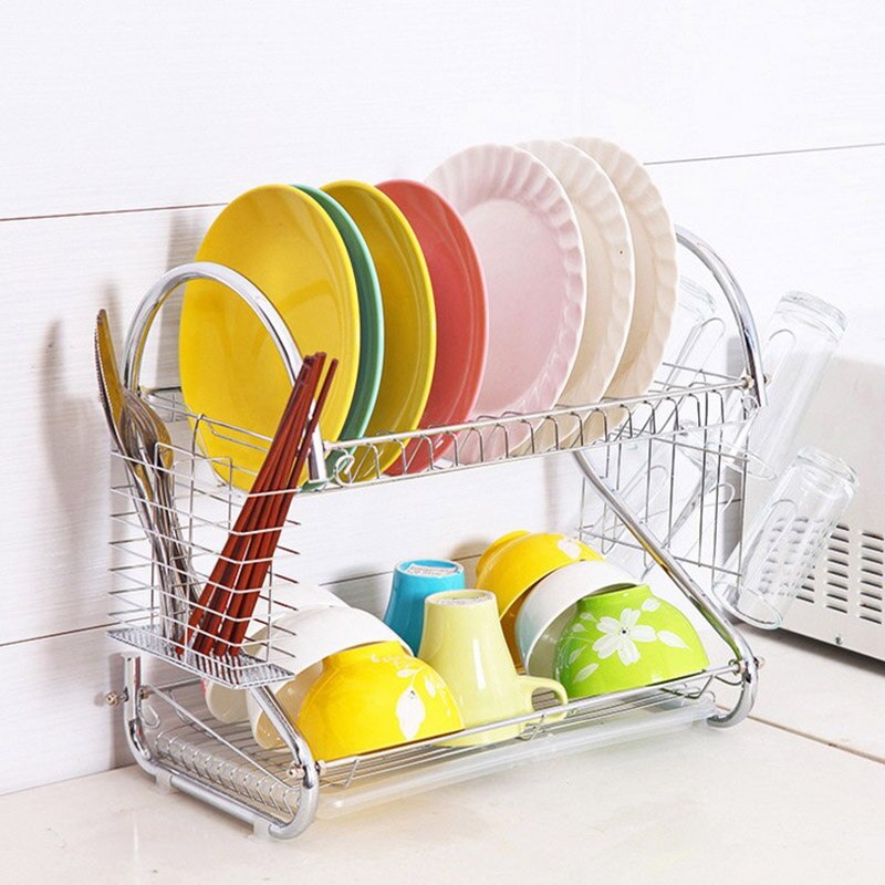 Large Dish Drying Rack Cup Drainer 2-Tier Strainer Holder Tray Stainless Steel Kitchen Accessories JA55