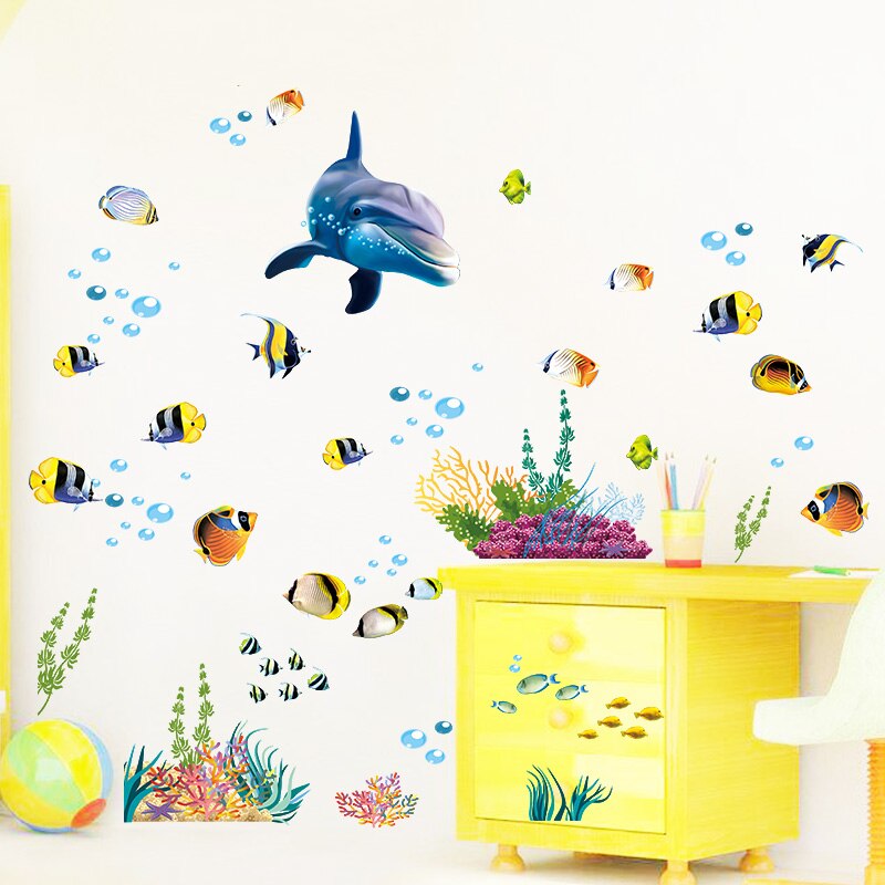 Cartoon Dolfijn Vis Waterdichte Muur Sticker Voor Kinderen Kamers Oceaan Diep Water Zee Home Decor Muurstickers Decoratieve Muurschilderingen