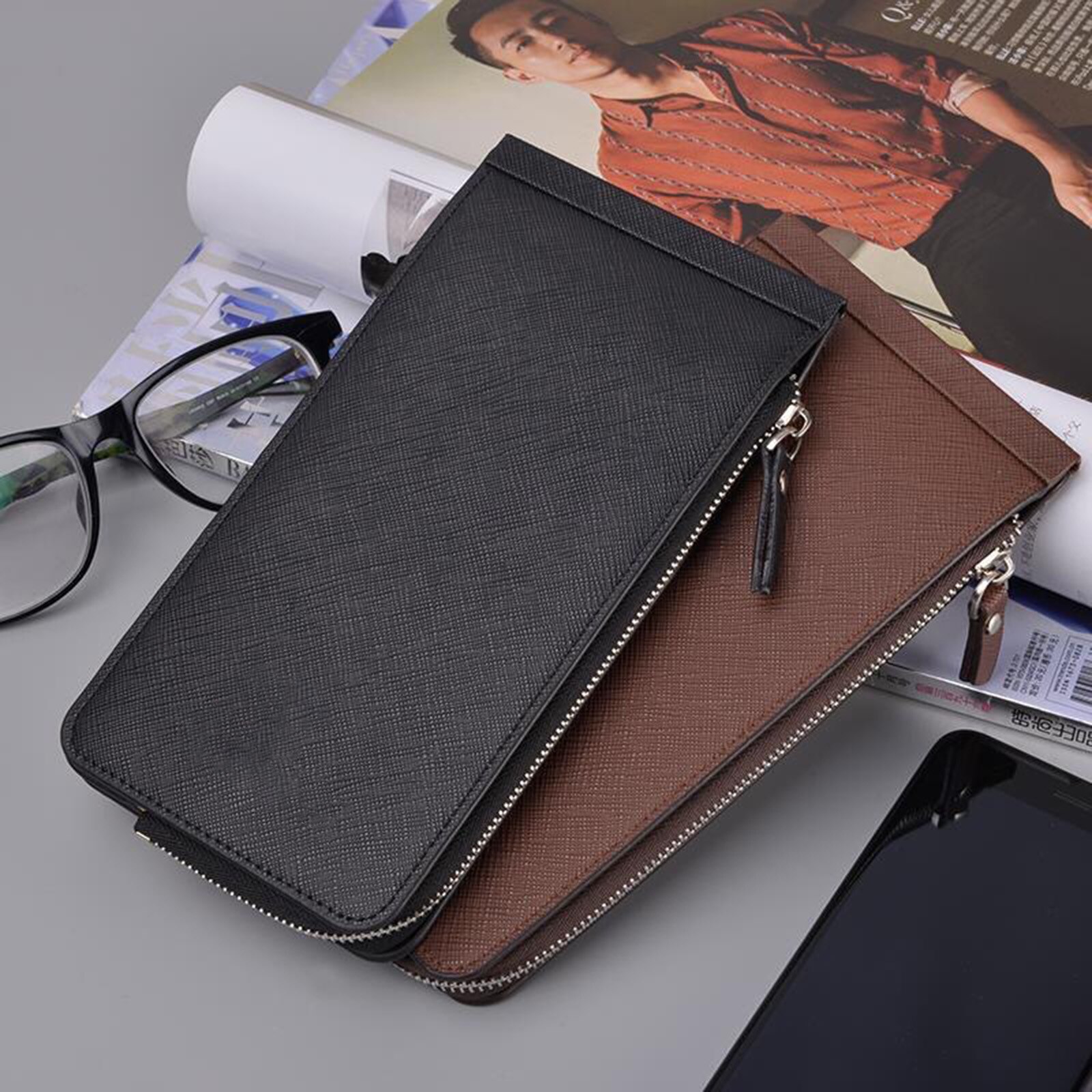 Double Zipper Multifunction Card Holder Portable ID Card Credit Card Holder Wallet Unisex-B5