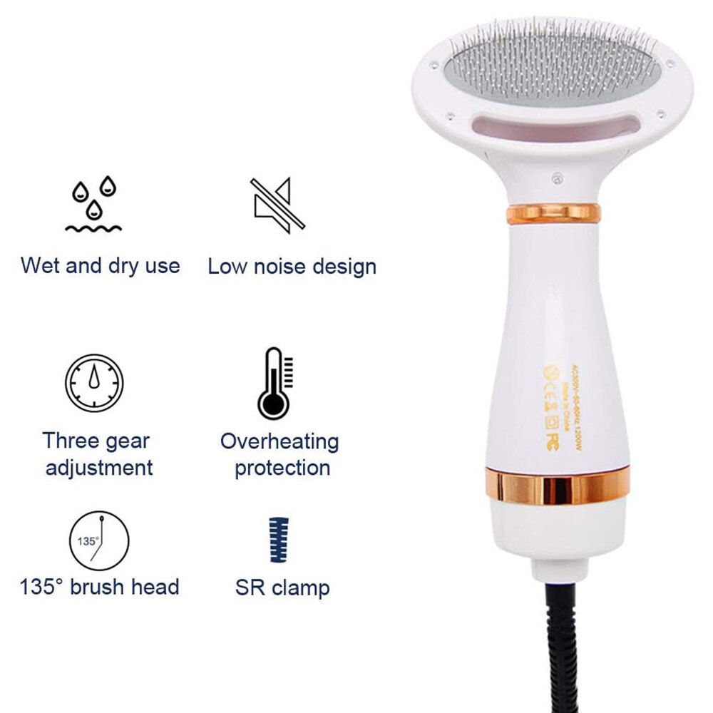 Hair Fur Blower Pet Dog Hair Dryer Comb Grooming 2-In-1 Adjustable Temperatures Settings Cat Dog Dryer Comb Brush Low Noise