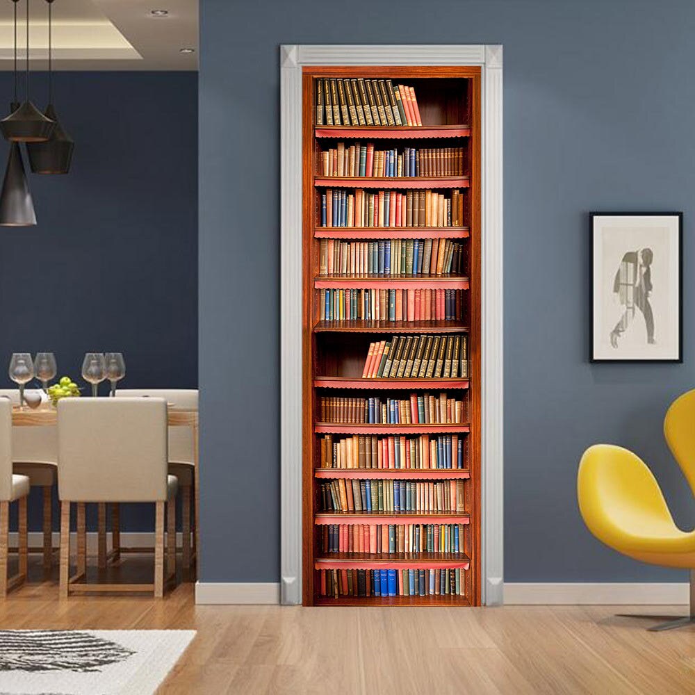 Retro Bookshelf Door Stickers Home Decoration Wall Art Self-Adhesive Bedroom Study Room Decor Door Decals Waterproof 2-Piece Set: A / 95x215cm