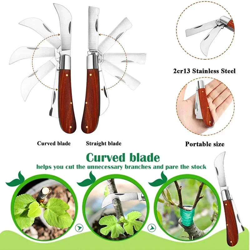 Folding Grafting Knife Grafting Tools Grafting Pruning Knife Garden Fruit Tree Grafting Cutter Wooden Handle Knife