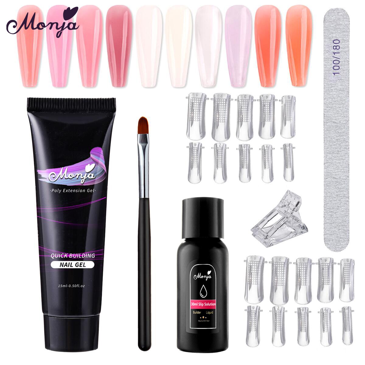 Monja 6 Stks/set Nail Art Uitbreiding Kit Acryl Uv Gel Nail Files Nail Mallen Builder Schilderen Borstel Anti Oplossing Diy manicure Set