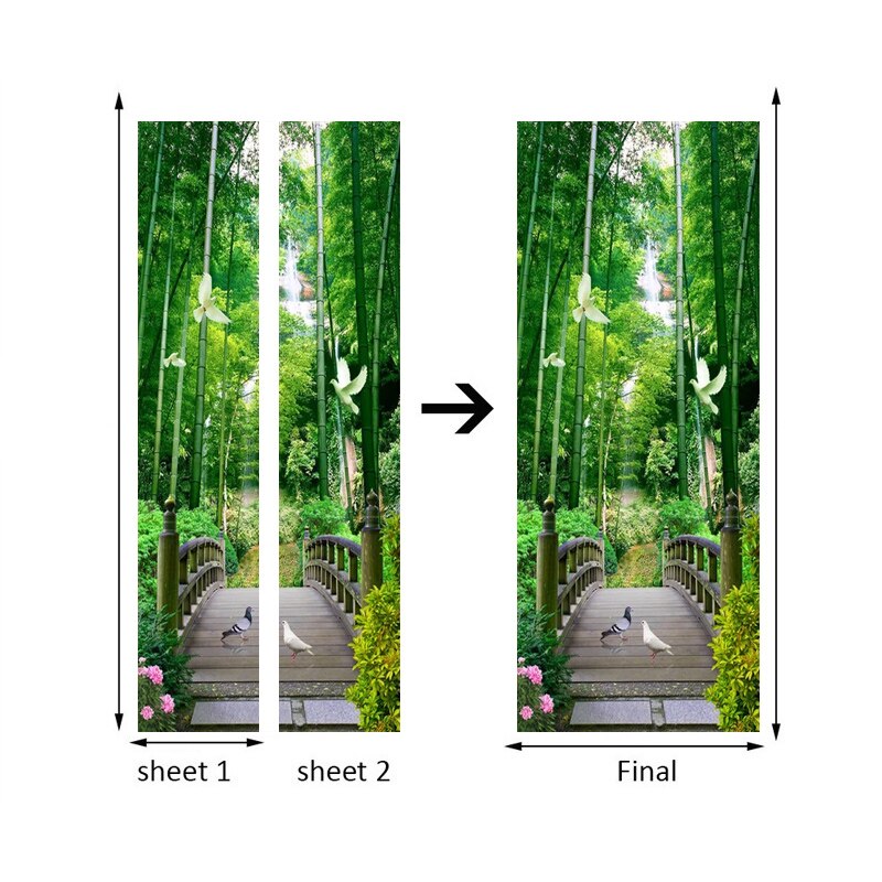 Waterproof Self-Adhesive Door Sticker Bamboo Forest Wooden Bridge Pigeon 3D Photo Wallpaper for Living Room Bedroom Door Mural