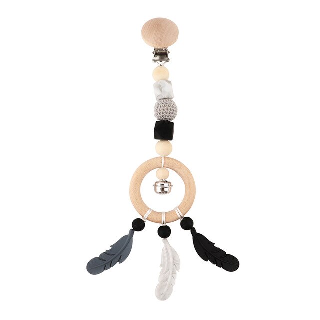 1pc baby træbitring dyr stjerne mobilholder tændingsvedhæng træ gym gnaver musik rangle silikone perler halskæde klips: Sort