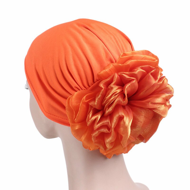 Grote Bloem Vrouwen Tulband Hoed Moslim Hoofddoek Stapel Hoop Cap Vrouwen Zachte Comfortabele Hijab Caps Islamitische Chemotherapie Hoed: Oranje