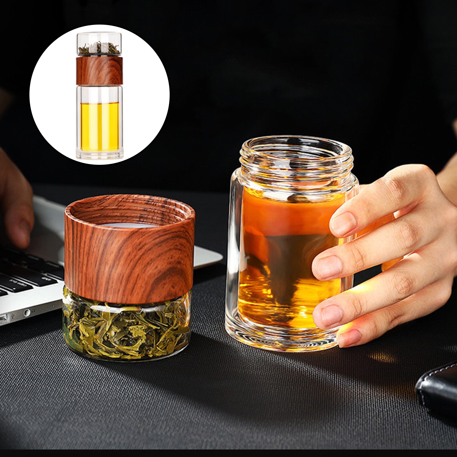 Botella de vidrio para infusiones, vaso de viaje portátil de doble pared con malla de acero inoxidable a prueba de fugas para hojas sueltas