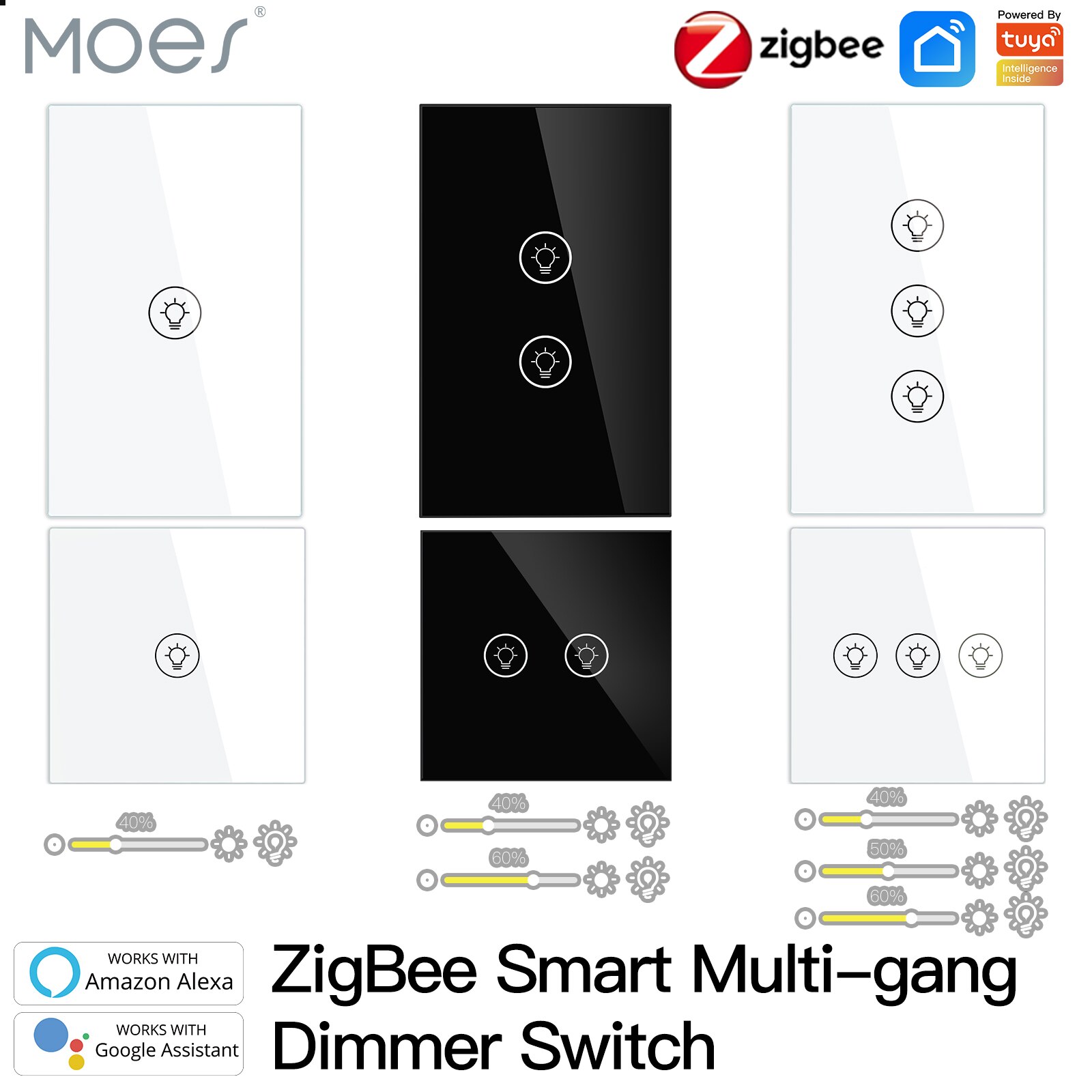 ZigBee – interrupteur variateur de lumière intelligent multi-gangs, contrôle indépendant, application Tuya, fonctionne avec Alexa Google Home, 1/2/3 gangs