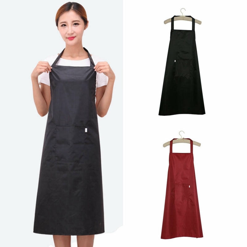 Long PVC Waterproof Pure Color Cooking Apron For Women Men Cafe Shop BBQ Hairdresser Aprons Sleeveless with Pocket