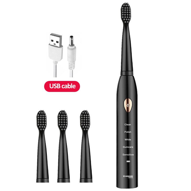 Cepillo de dientes eléctrico para adultos, recargable, 4 y 8 cabezales, boquilla Oral, sonido Dental: Black 4 heads