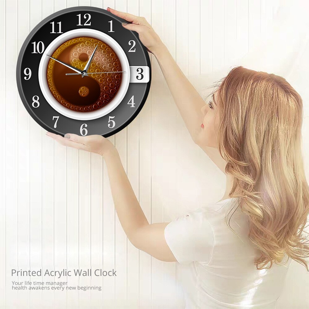 Coffee Cup with Yin and Yang Symbol Wall Clocks for Kitchen Chinese Culture Modern Cafe Shop Decor Acrylic Wall Watch