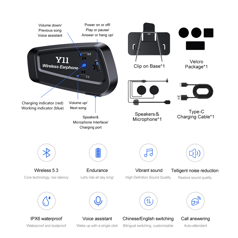 Bt5.3 Motorfiets Helm Bluetooth Headset Waterdichte Motor Draadloze Hoofdtelefoon Multifunctionele Handsfree Helm Oortelefoon