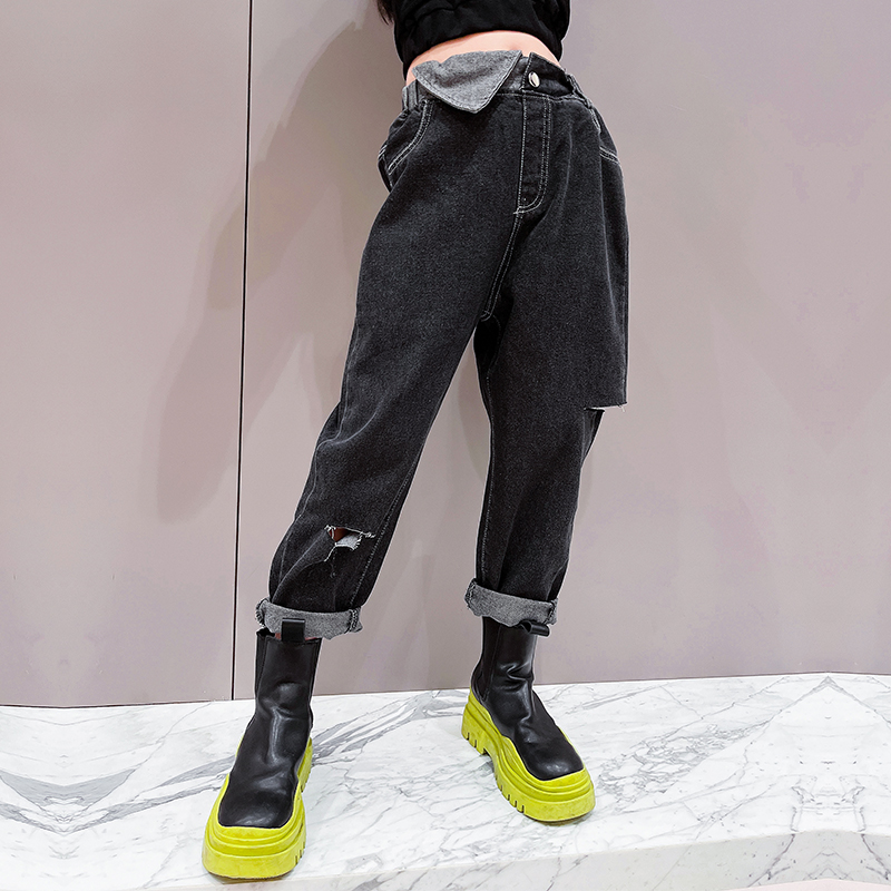 Jean déchiré en Denim noir pour filles, pantalon décontracté, troué, taille haute, pour adolescentes de 3-14 ans, automne printemps 2022