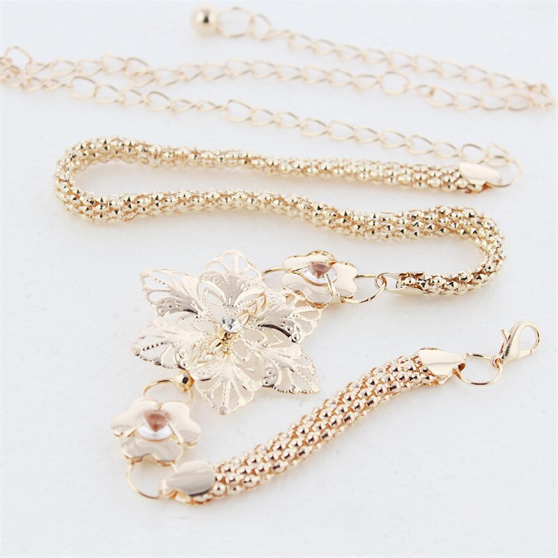 Cinturón de cadena dorado con flores para mujer, cinturón de Metal dorado y plateado para el sol