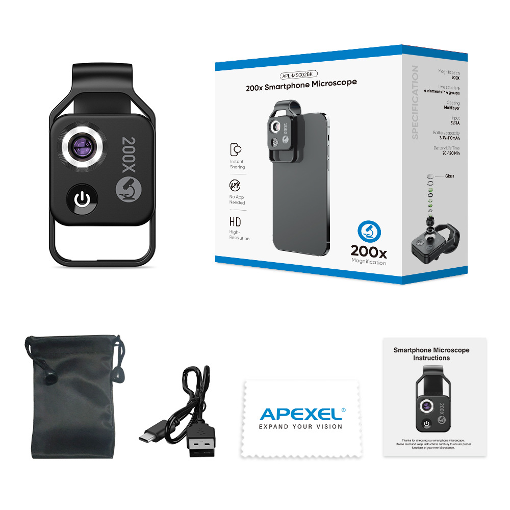 200X Phone Mini Pocket Microscope w/ LED Light/Universal Clip,Nano Zoom Digital Microscope Camera,Microworld for Kids Adults: Orange