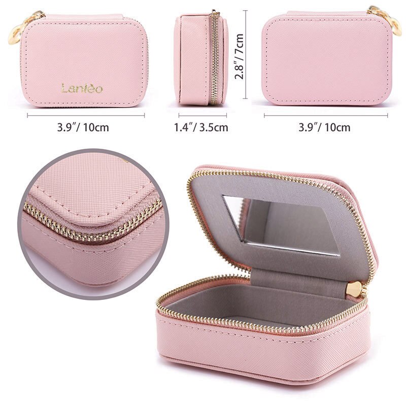 PUOU estuche portátil de cuero para espejo cosmético Mini bolso para mujer, bolsa de maquillaje para lápiz labial, bolsa para guardar joyas, bolsa para lápiz labial