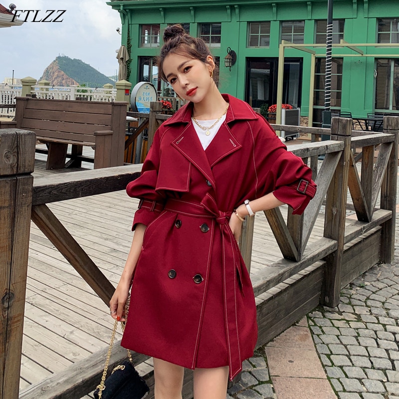 FTLZZ Autumn Winter Female Trench Turn-down Collar Double Breasted Coat Vintage Belt Solid Trench Outwear