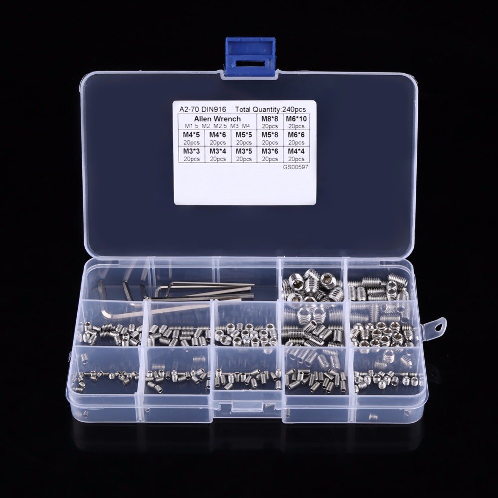 240pcs/set M3/M4/M5/M6/M8 Hex Socket Set Screws 304 Stainless Steel Assortment Kit with Hex Keys Fastener Accessory Hardware Set