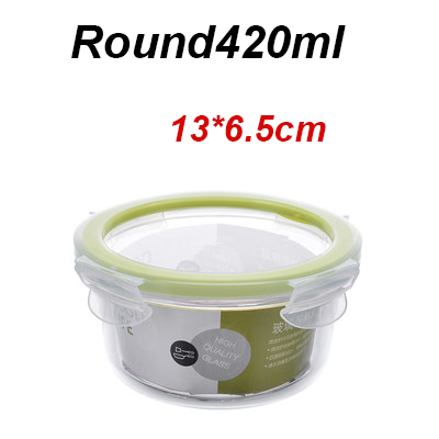 Glass Lunch Box Microwave oven heating refrigerated sealed leakproof food container transparent borosilicate food bento box: Round 420ml
