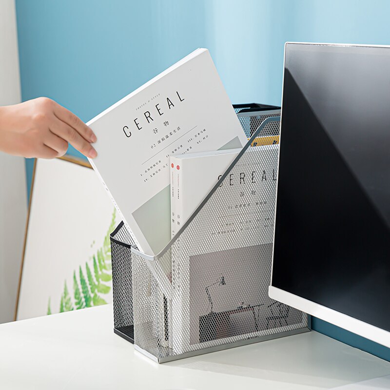 Black Silver Magazine File Holder Metal Mesh Bookends Desktop Organizer Shelf Grid Document Book Holder Support Stand Storage