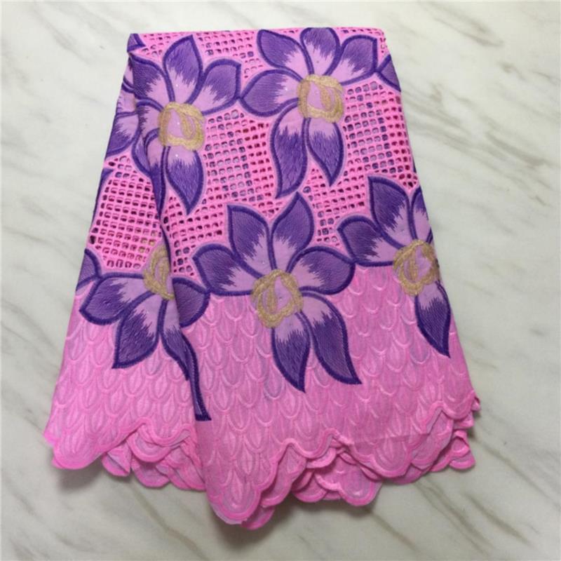 Tela de algodón de gasa Suiza perforada, lazo leche seda, bordado de flores con piedra, 5 yardas, brocado nigeriano, tejido francés africano: Rosa