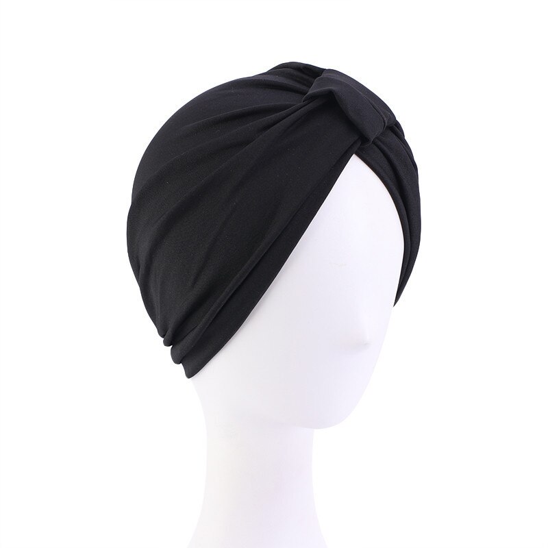 Indiase Vrouwen Modal Katoen Geplooide Hoed Chemo Haaruitval Kanker Tulband Motorkap Hoofd Sjaal Wrap Strech Bandana Cover Beanie Arabische cap: 01 Black