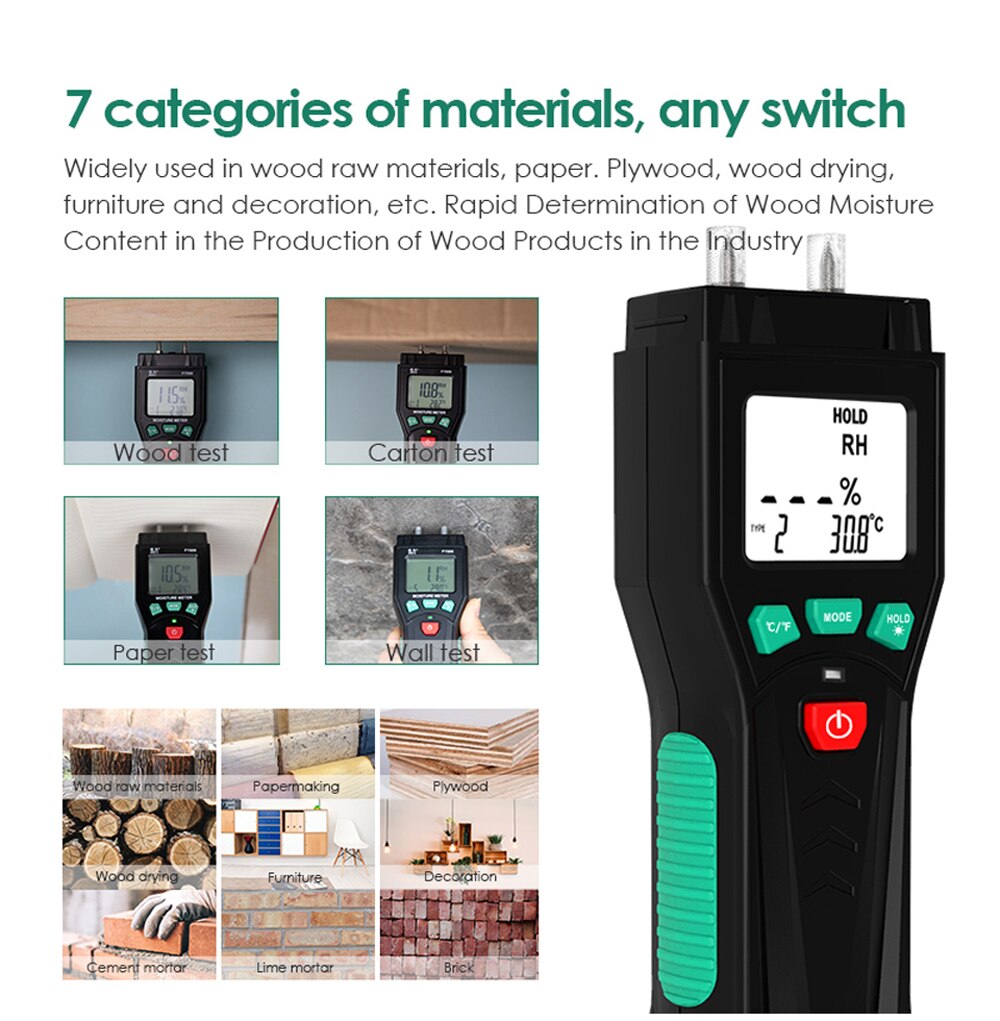 Two Pins Digital Wood Moisture Meter 7 Categories of Materials Humidity Tester Timber Damp Detector with LCD Display Backlight