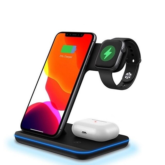 FDGAO 15W 3 in 1 Qi Fast Wireless Charger Pad Dock Station For iPhone 13 12 11 Pro XS XR X 8 Apple Watch 7 SE 6 5 4 AirPods Pro: Type 01 Black