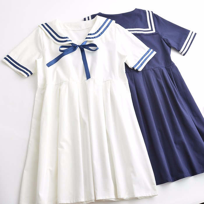 Autumn Summer Women's Dress Female Cotton-Line Sailor Collar College Sweet Striped Pure Girls Dress