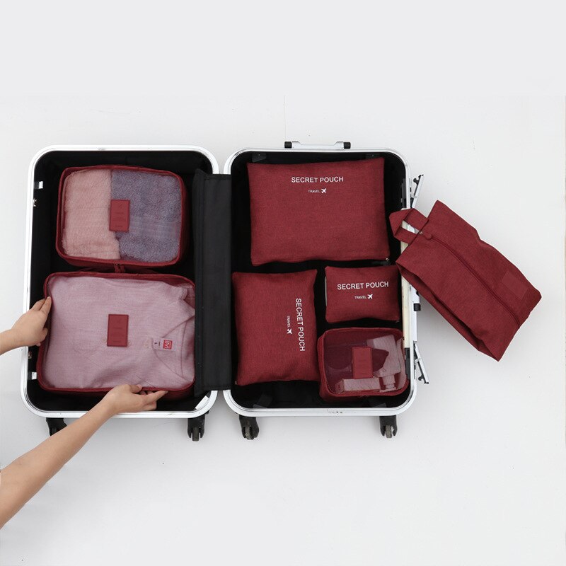 Nova 7 pçs/set De Armazenamento Roupas Íntimas Saco de Viagem Portátil Bagagem Organizador Roupas de Alta Qualidade de Acabamento Conjunto de Malha Saco De Viagem: Borgonha