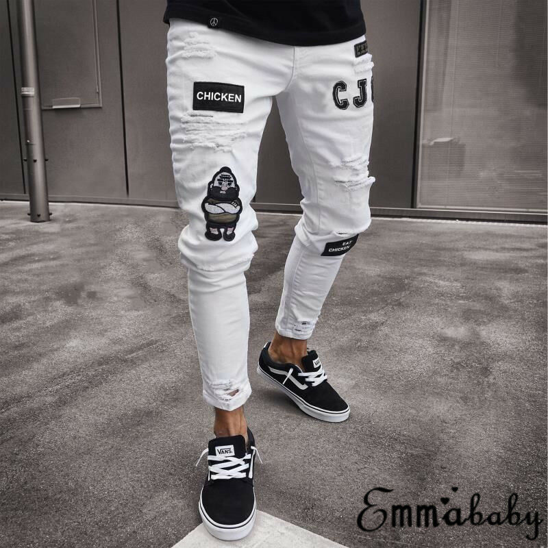 2 styles herre stretchy rippet skinny biker broderi print jeans ødelagt hul tapet slim fit denim ridset jean