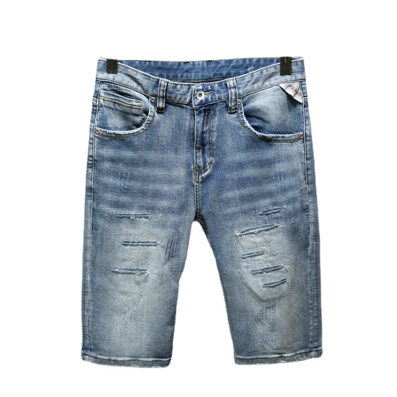 Pantalones cortos clásicos de mezclilla para hombre, Jeans deshilachados, elásticos, deshilachados, de cinco puntos, ropa de calle, novedad de verano