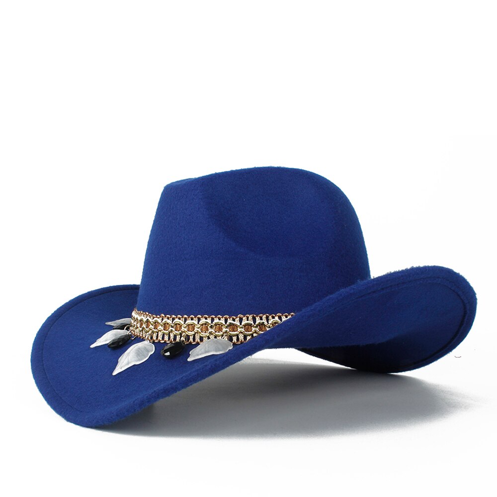 Kvinder uld hule vestlige cowboy hat dame tasseloutblack cowgirl sombrero hombre jazz cap: Blå