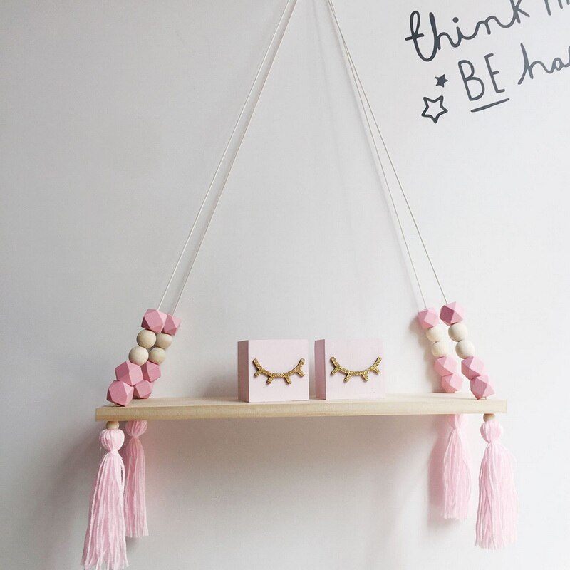 Bedroom Decoration Wall Hanging Ornaments Tassel Beads Pendant Wooden Board Storage Shelf Rack Photo Props Child Kid Room Home: P