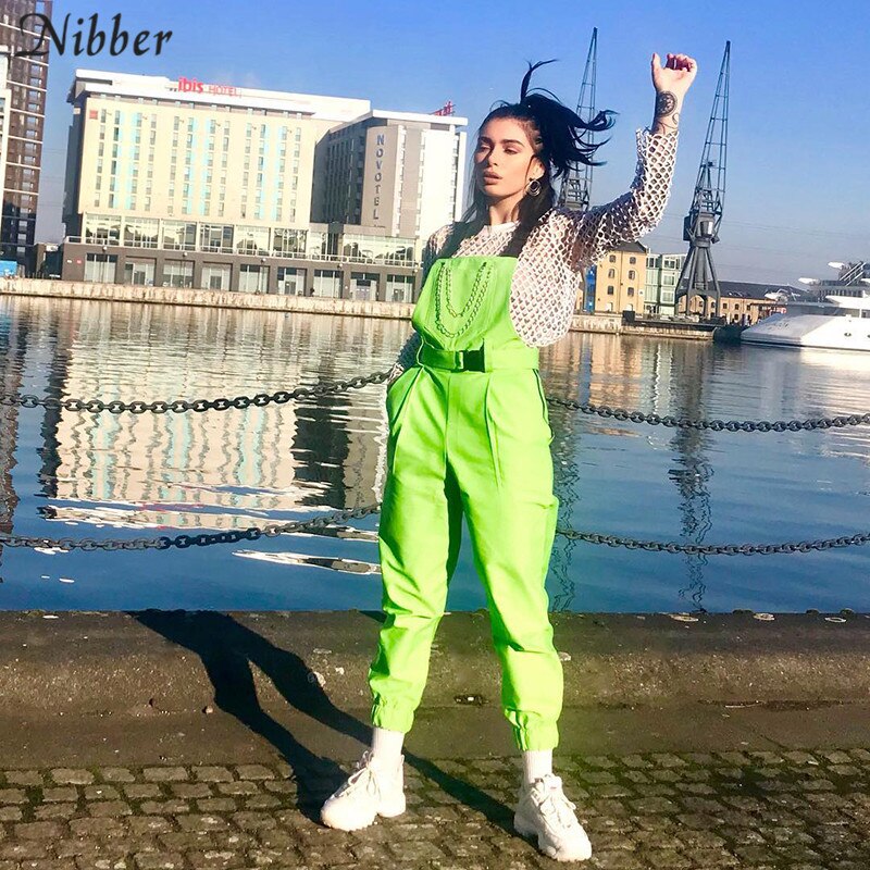 Nibber Fluorescent green Bib pants women's Street black casual pants playsuits 2019spring ladies Solid Full jumpsuits