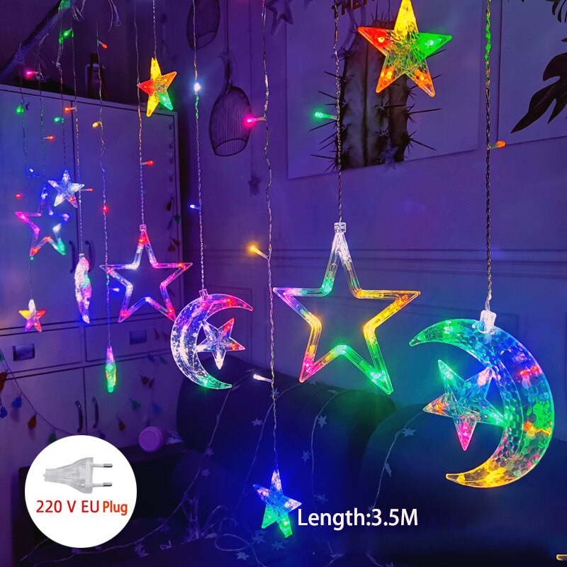 Cortina de luces LED con forma de ciervo, Estrella y Luna, guirnalda de luces de colores para Navidad, decoración de Año , para exteriores, hogar, boda, , 220V: multi star plus moon