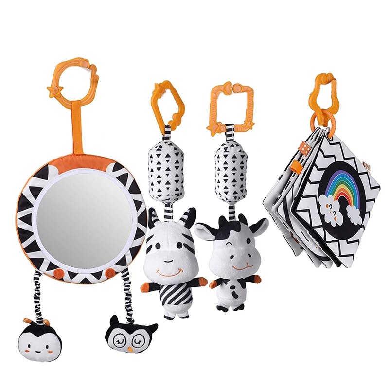 Baby Toys Set Black and White Tummy Time Mirror Plush Rattles Rings Soft Cloth Book Stroller Hanging Toys for 0-12Months