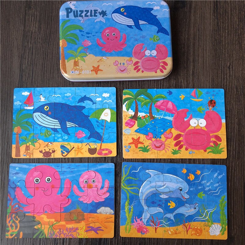 4 In 1 Puzzles 9/12/15/20Pcs Puzzles/Set With Iron Box Wooden Toys For Kids Educational Baby Toys Learning: Whale