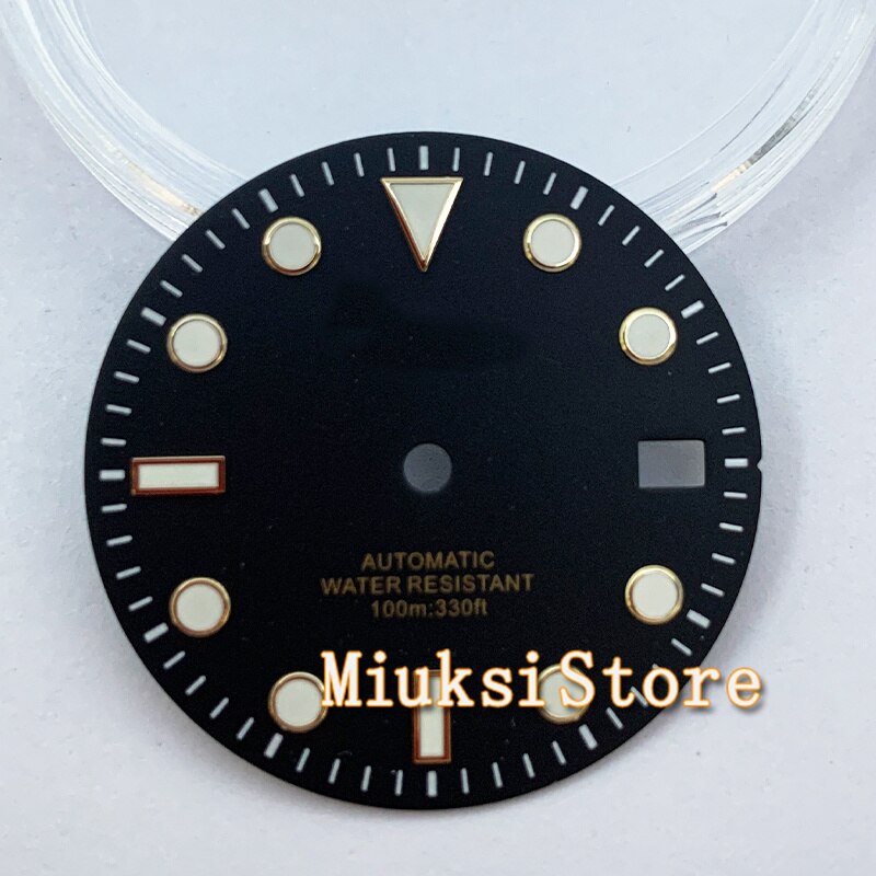 29Mm NH35 Wijzerplaat Steriele Zwart Groen Blauw Roze Horloge Wijzerplaat Met Datum Venster Voor NH35 NH35A Automatische Beweging accessoire Onderdelen: Black-Gold edge