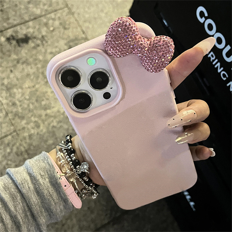 Luksuriøst skinndeksel 15 strass og sløyfe i litchi-mønster til iphone 11 12 13 14 pro max x xs  xr 7 8 pluss støtsikkert mykt deksel