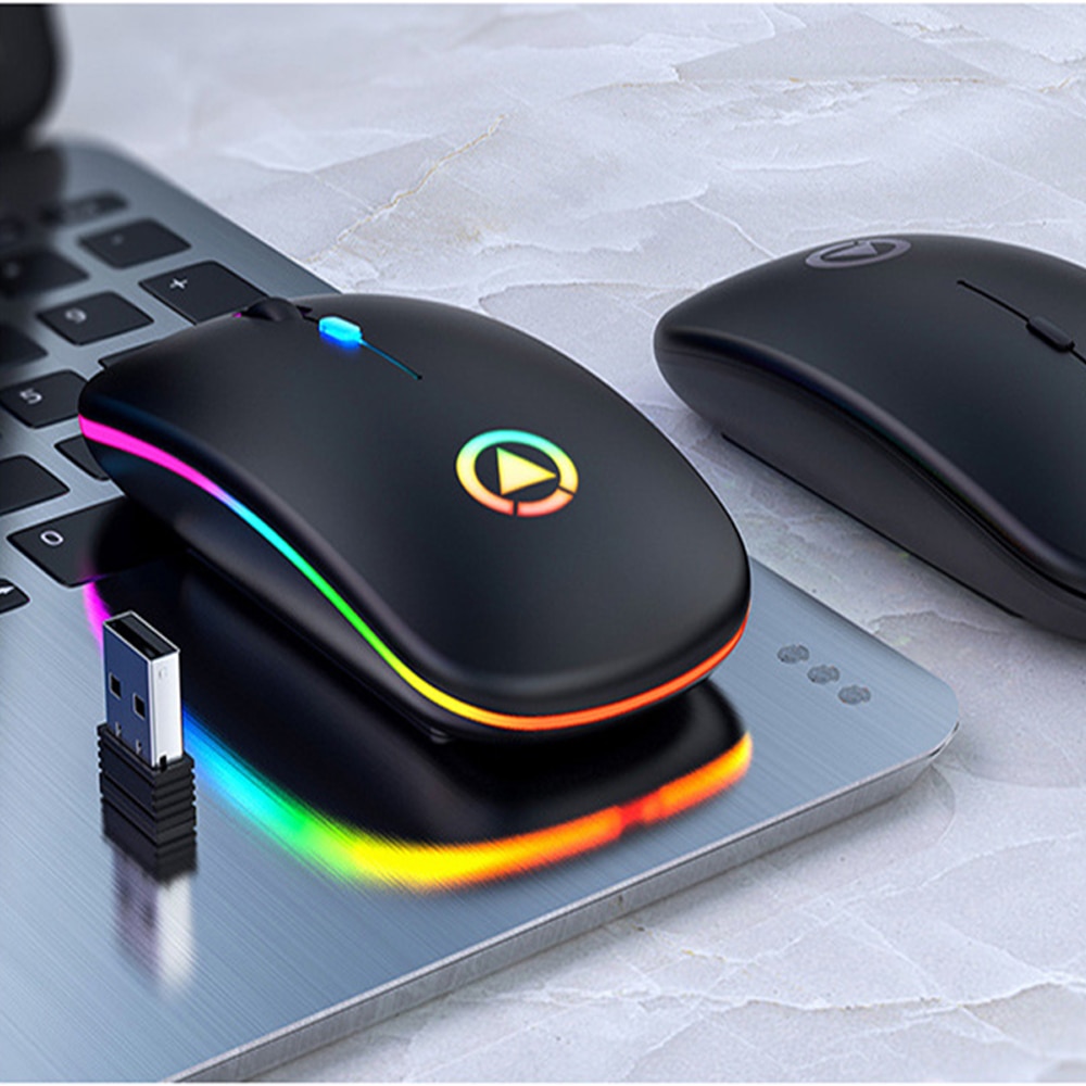 Rato sem fio ultra-fino led luzes coloridas recarregável mause mini silencioso usb ergonômico óptico gaming mouse para computador portátil