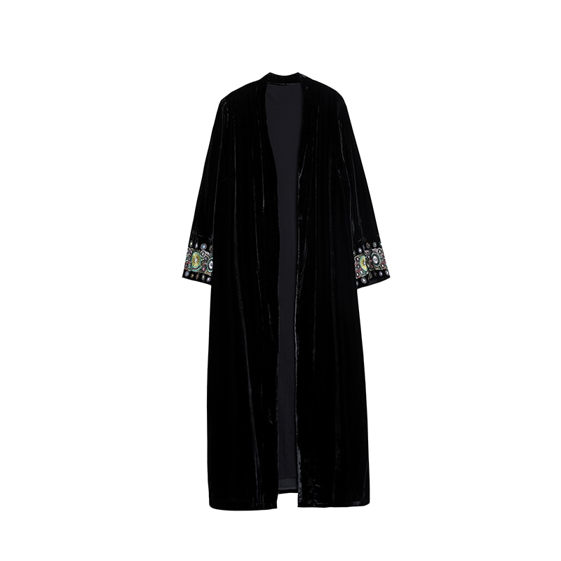 Mouw Prachtige Borduurwerk Vintage Fluwelen Kimono Geul Vrouwen V-hals Mid Lange Windjack Jas Bovenkleding