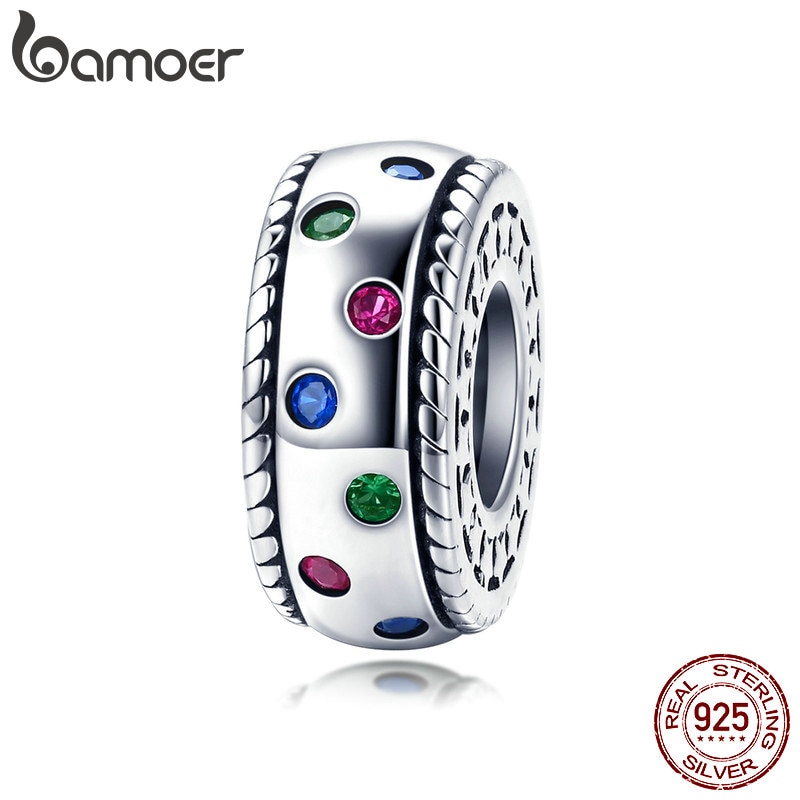 BAMOER Vendita Calda 100% 925 Sterling Silver Arcobaleno Colorato CZ Branelli di Fascino del Distanziatore Misura Branelli Braccialetti Con Ciondoli Braccialetti Dei Monili SCC1005