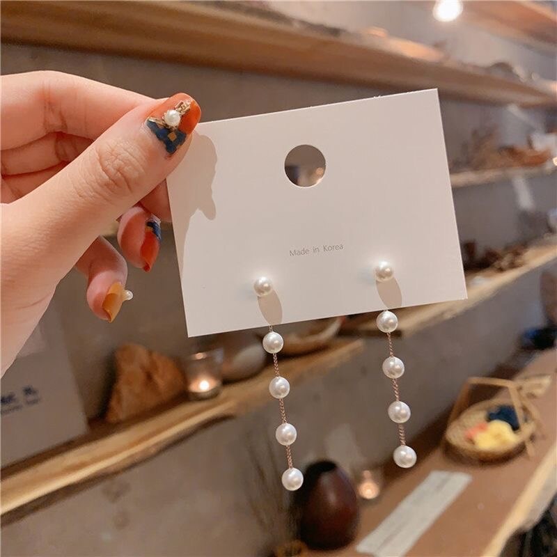Pendientes largos de perlas de imitación para mujer, aretes colgantes de boda de perlas redondas blancas, joyería coreana,