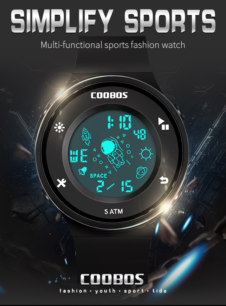 Coobos-Reloj de pulsera electrónico para hombre y mujer, cronógrafo deportivo resistente al agua con pantalla luminosa, 5 bares, ,
